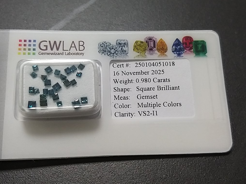Ohne Mindestpreis - 25 pcs Diamant  (Farbbehandelt)  - 0.98 ct - Quadrat Blau, Grün - VS1, VS2, SI1, SI2, I1 - Gemewizard Gemological Laboratory (GWLab) #2.1