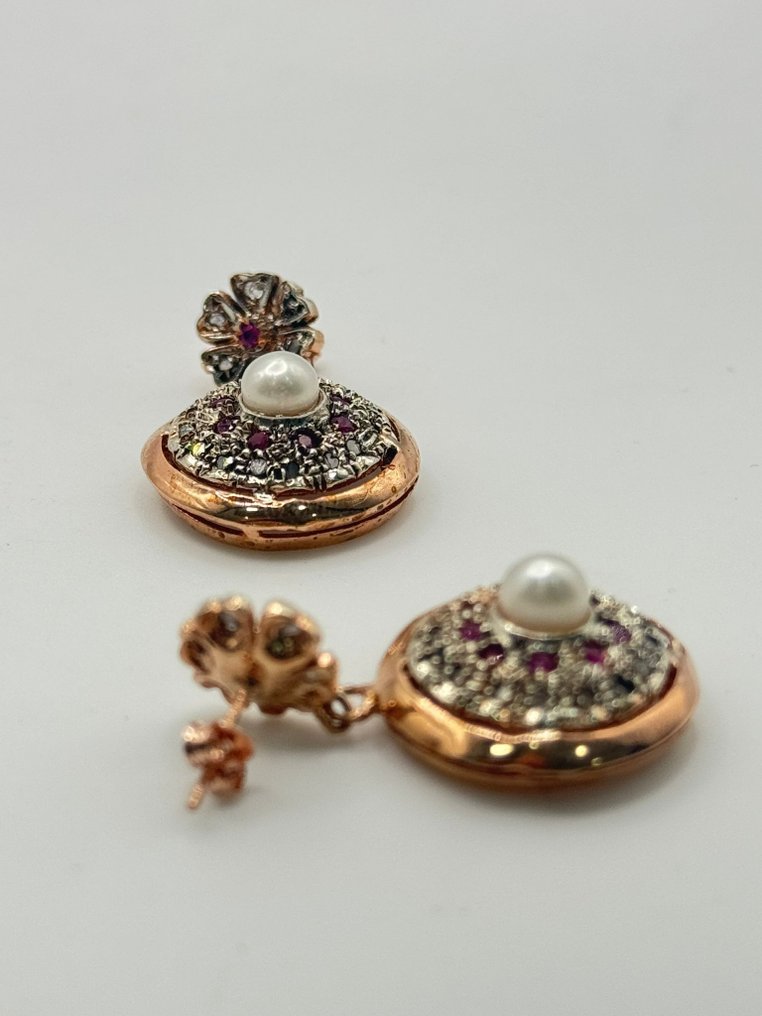 No reserve price - Earrings - 9 kt. Silver, Rose gold Ruby - Diamond #1.0