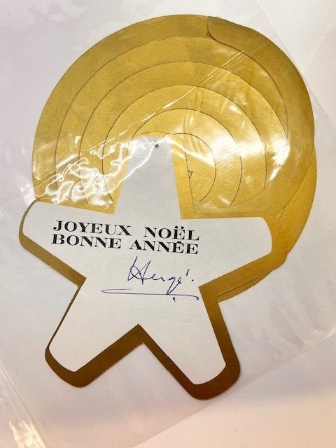 Tintin - 1 ταχυδρομικός - Carte de vœux 1972 : Carte en étoile attachée à une spirale en carton doré. *Signée Hergé. #4.3