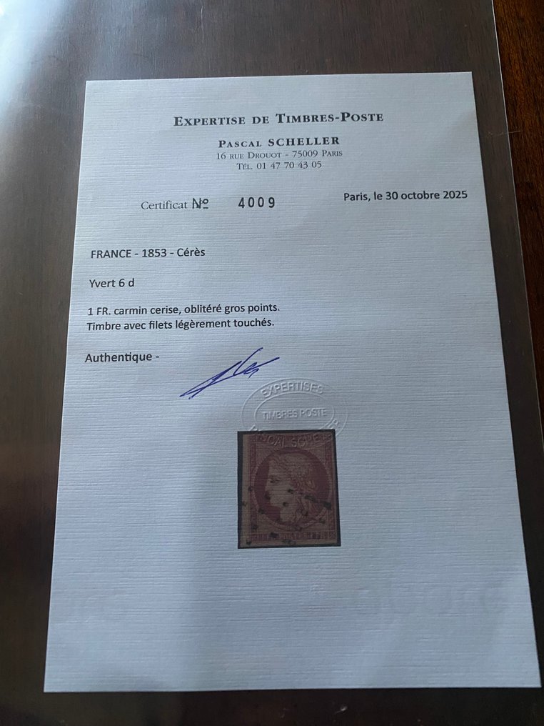法国 1853 - 邮票 1法郎 Cérès camin 樱桃色 Yvert 编号 6d。估价 4500欧元 #2.1