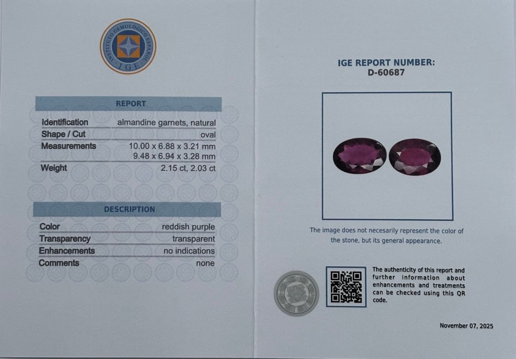 2 pcs  红色, 紫罗兰色 石榴石  - 4.18 ct - 西班牙宝石学院（IGE） #2.1
