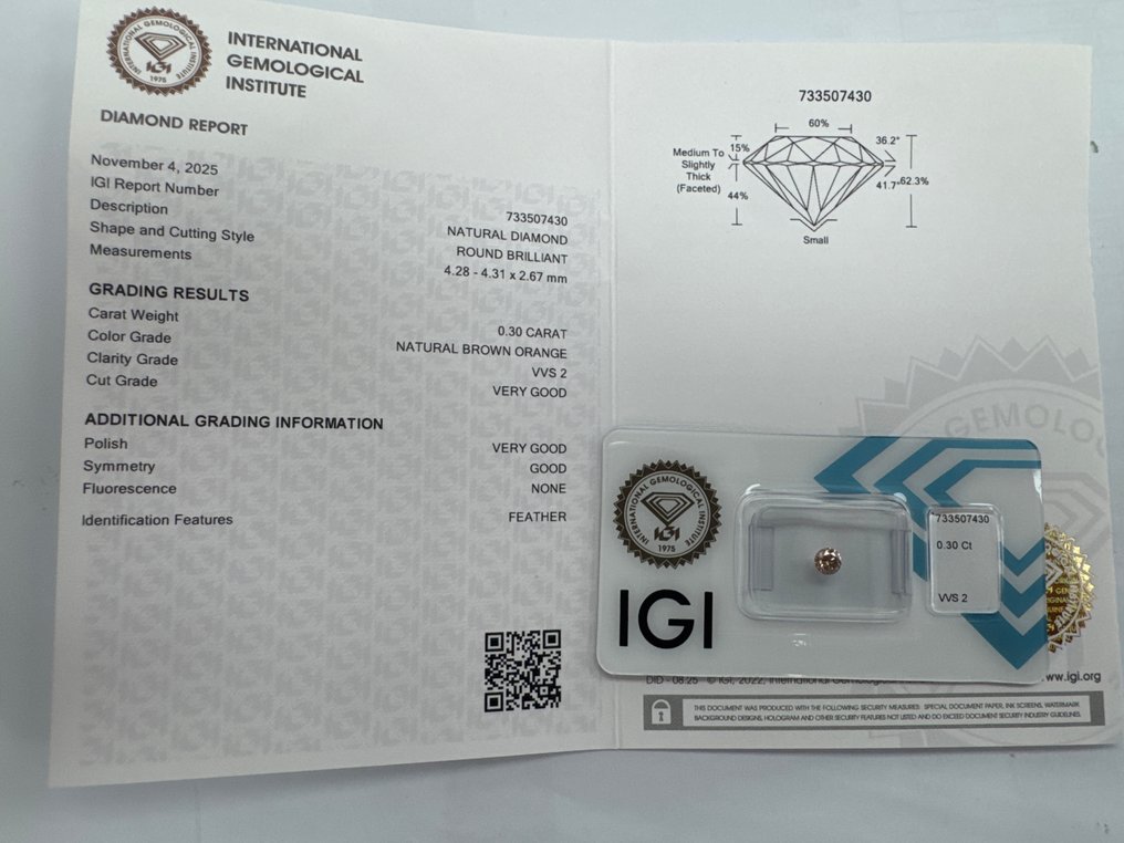 没有保留价 - 1 pcs 钻石  (天然色彩的)  - 0.30 ct - 圆形 棕色, 橙色 - VVS2 极轻微内含二级 - 国际宝石研究院（IGI） #1.0