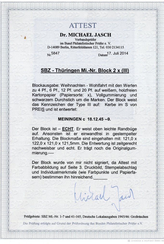 Allied Occupation - Germany (Soviet zone) 1945 - Thuringia Christmas block welfare stamped with an attestation. - Michel Block 2 x #2.1