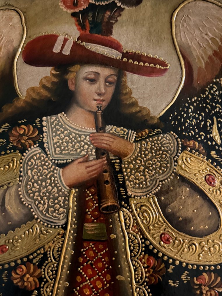 Cuzco Colonial Painting - St Gabriel Music Archangel playing the Flute - 32 x 42 cm #4.3
