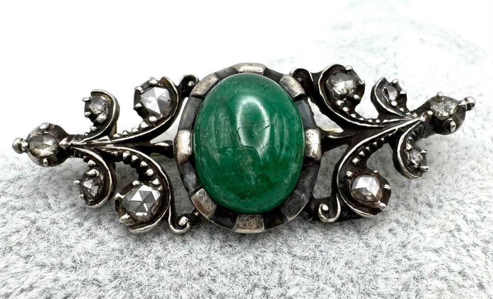 No Reserve Price - Brooch Silver Emerald - Diamond #1.0