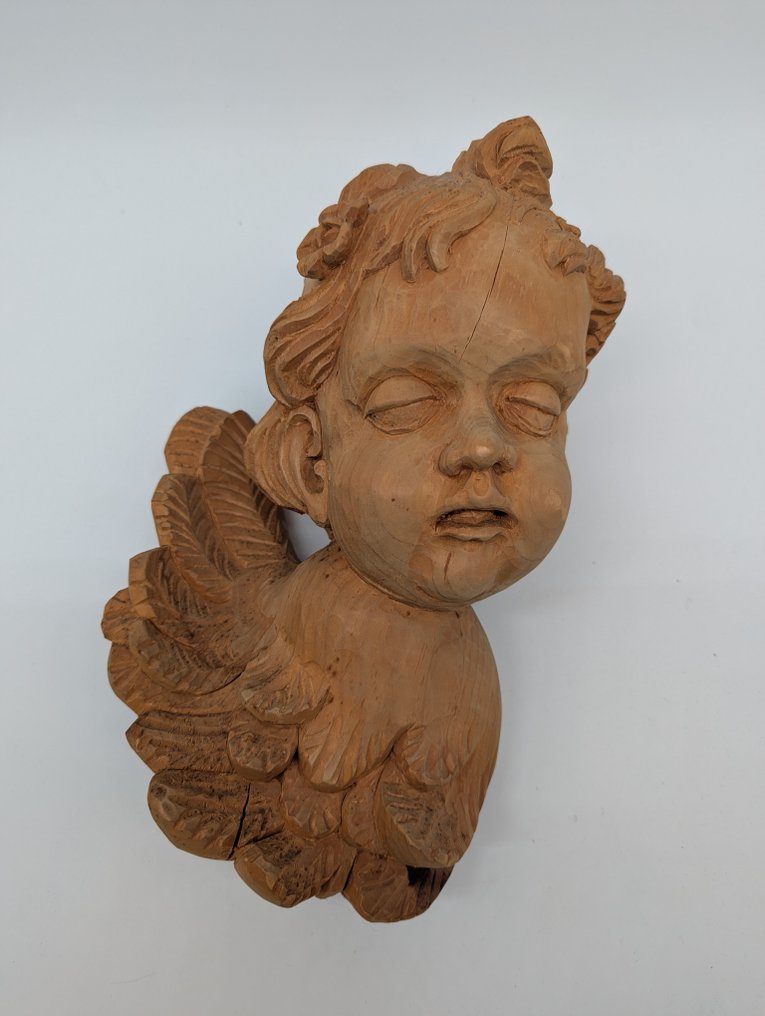 Figura - Handgeschnitzte Holzfigur eines Puttenengels - 30 cm - Fa #1.0