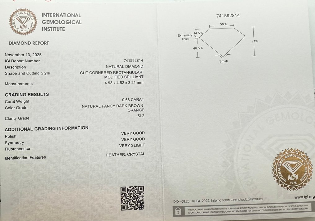 没有保留价 - 1 pcs 钻石 (天然色彩的) - 0.66 ct - 切角正方形 - Fancy dark 棕色 橙色 - SI2 微内含二级 - 国际宝石研究院(IGI) #2.1