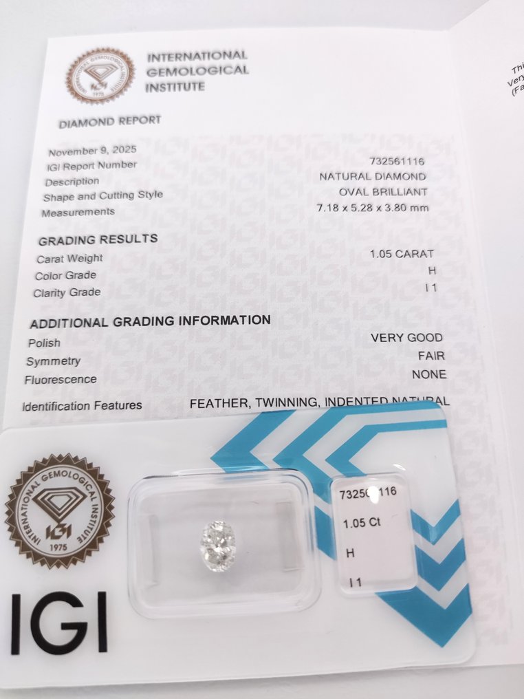 没有保留价 - 1 pcs 钻石  (天然)  - 1.05 ct - 椭圆形 - H - I1 内含一级 - 国际宝石研究院（IGI） #3.2