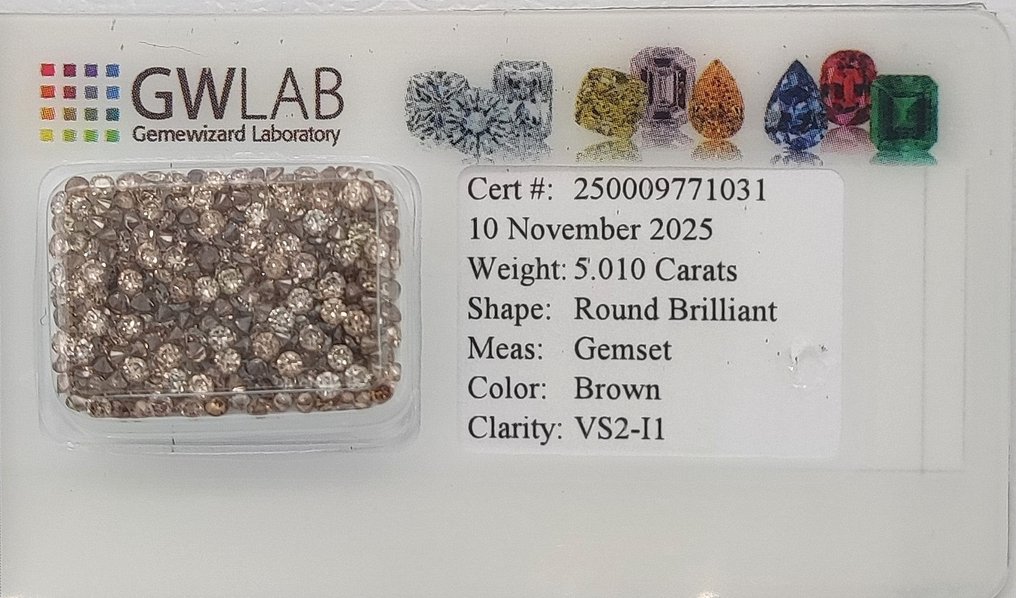 Zonder minimumprijs - 225 pcs Diamant (Natuurlijk gekleurd) - 5.01 ct - Rond Gemengde kleuren - VS2, P1 - Gemewizard Gemological Laboratory (GWLab) #2.1