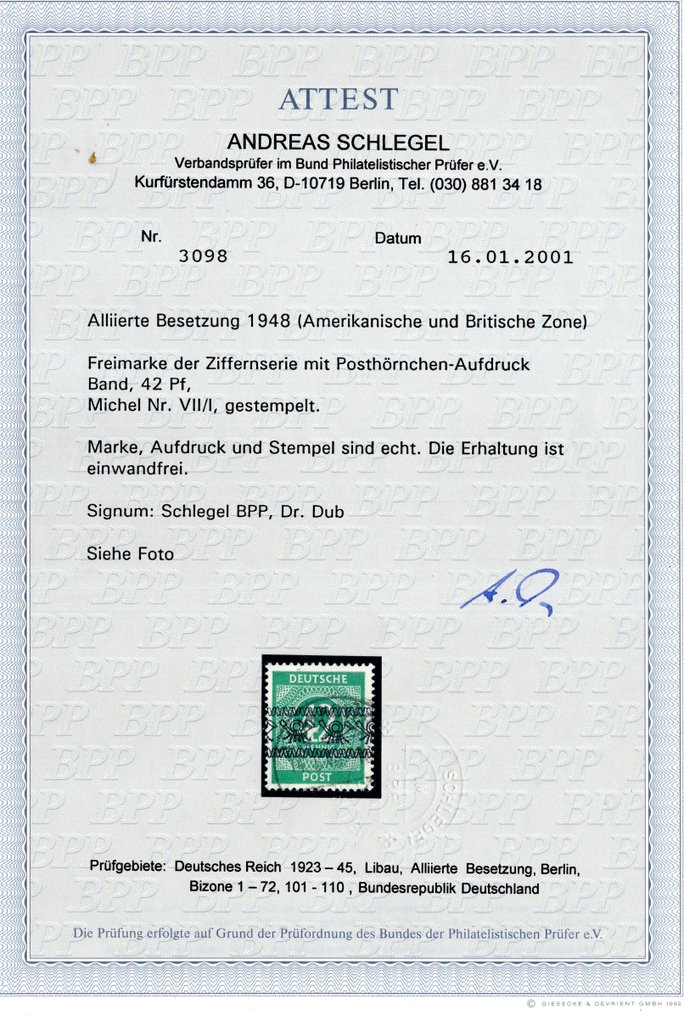 Συμμαχική Κατοχή - Γερμανία (Αμερικανική και βρετανική ζώνη) 1948 - Μη εκτελεσμένες εκτυπώσεις δελτίων με σφραγίδα, ελεγμένες/πιστοποιημένες. - Michel I/I - IX/I #1.0