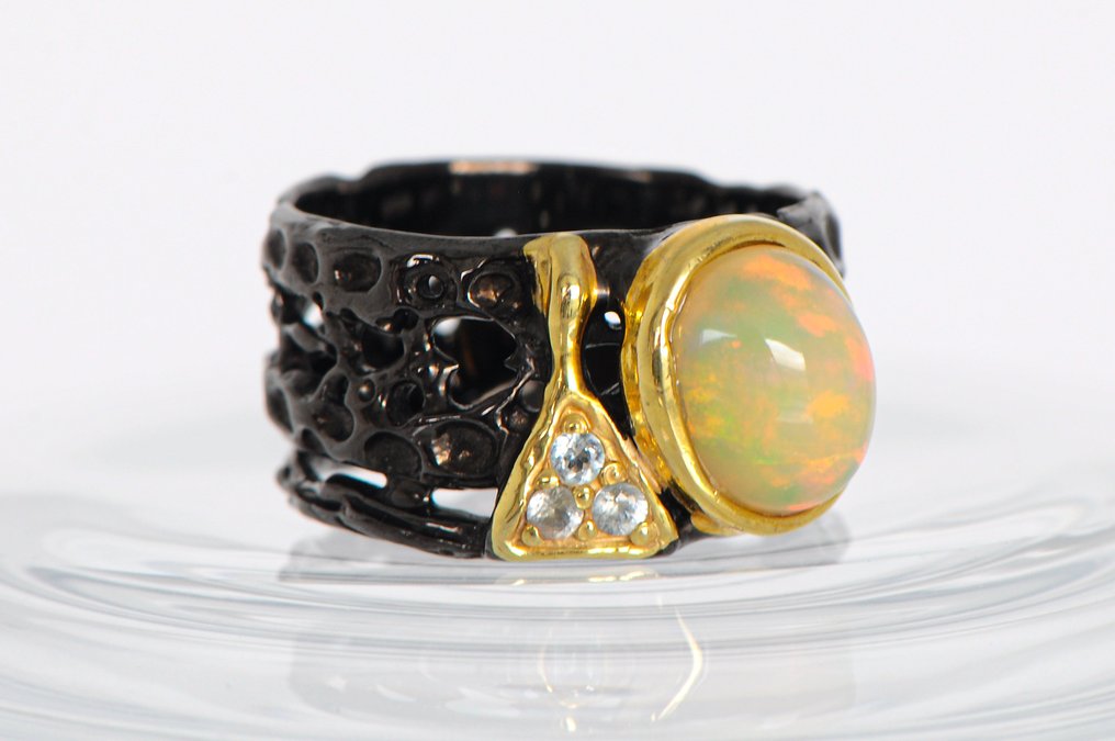 925 argento nero rodato - opale - topazio - Anello #3.2