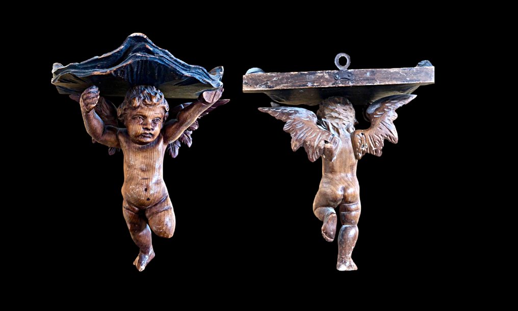 Escuela austriaca - Sculpture, Putto atlante barroco tallado en madera - 24 cm - Bois #1.0