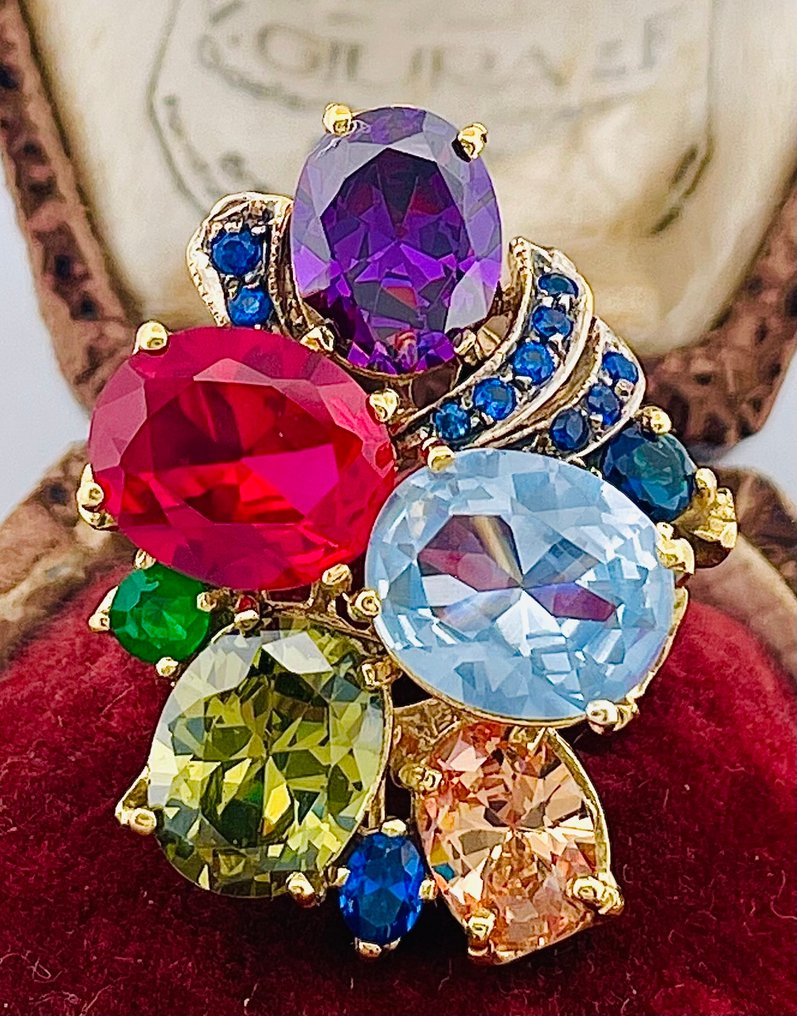 Nincs minimálár - Gyűrű - 9 Kt Sárga arany, Ezüst Zafír - Vegyes drágakövek #1.0