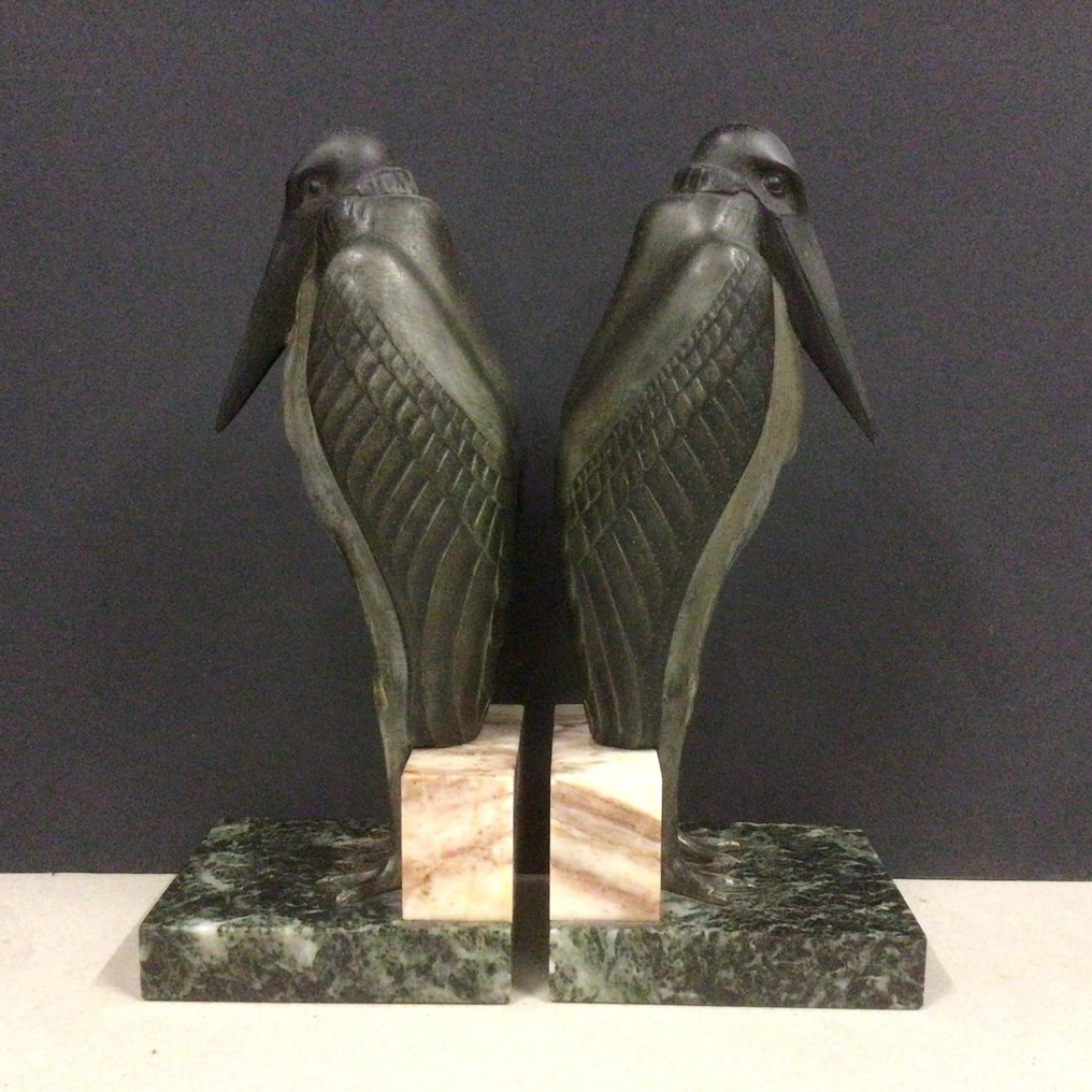 Bookends (2) - Marabou - Bronze patinated spelter mounted on marble bases #1.0