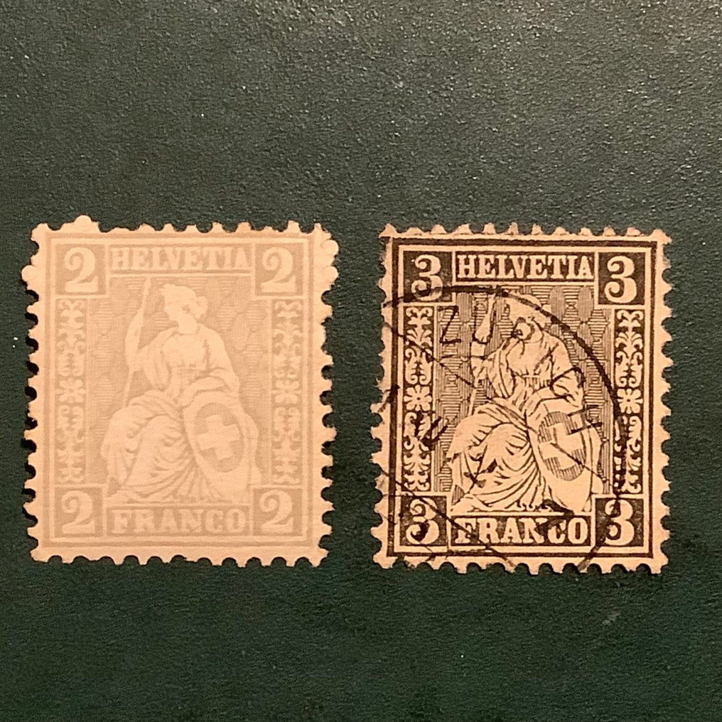 Sveitsi 1862/1881 - 2 ja 3 senttiä istuva Helvetia - tarkastettu - Michel 20/21 #3.2