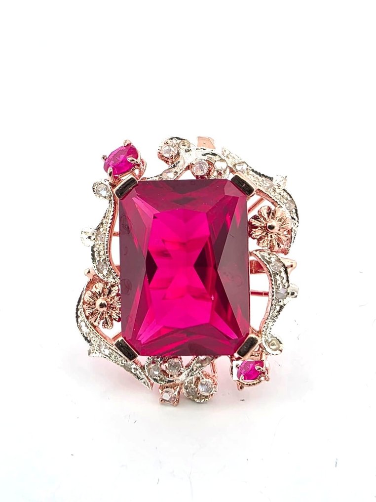 χωρίς τιμή ασφαλείας - Δαχτυλίδι - 9 kt. Ροζ χρυσό, Ασημί Ρουμπίνι - Διαμάντι #1.0