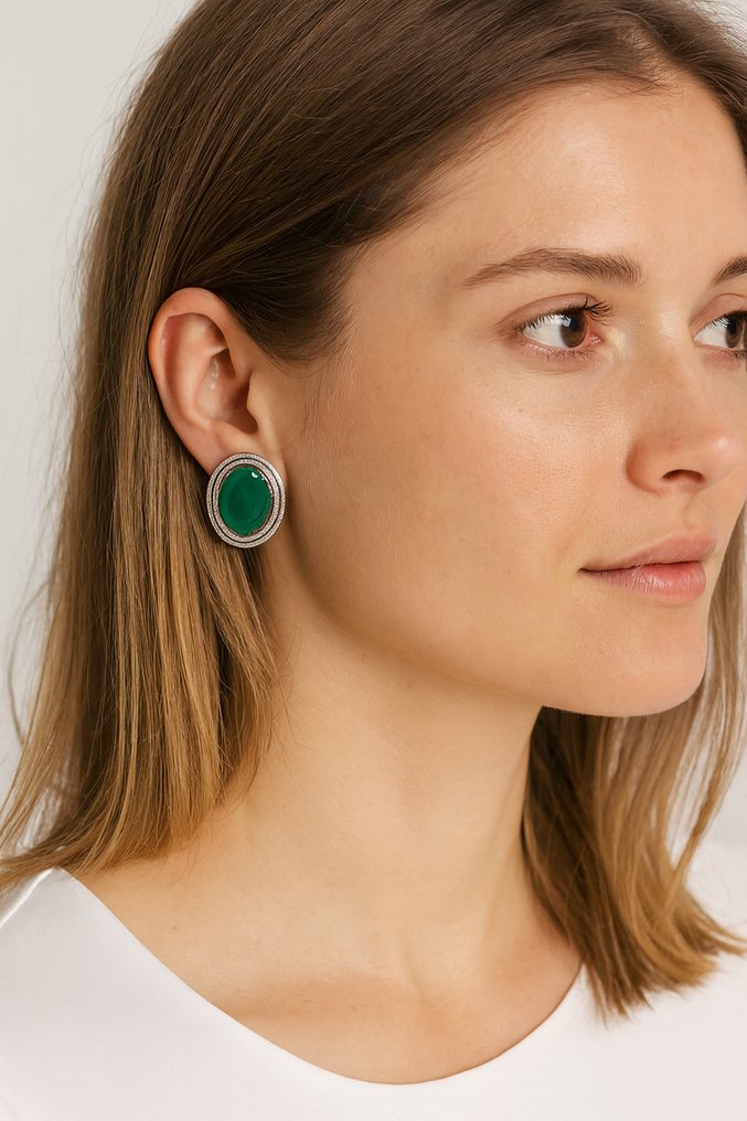 耳釘耳環 - 14 克拉 黃金, 镀铑 -  26.64ct. tw. 祖母綠 - 鉆石 #1.0