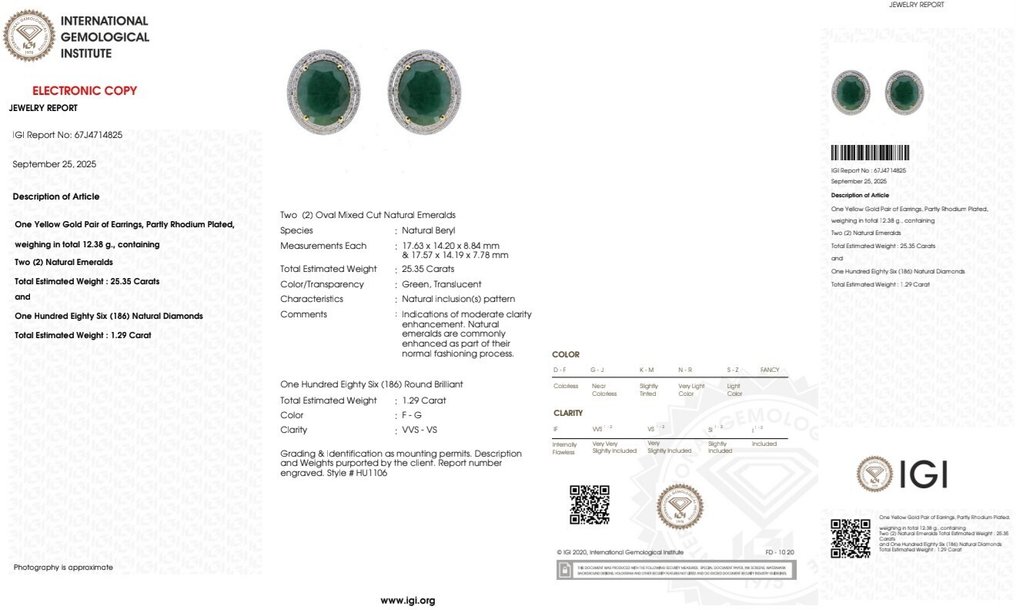 耳釘耳環 - 14 克拉 黃金, 镀铑 -  26.64ct. tw. 祖母綠 - 鉆石 #4.3