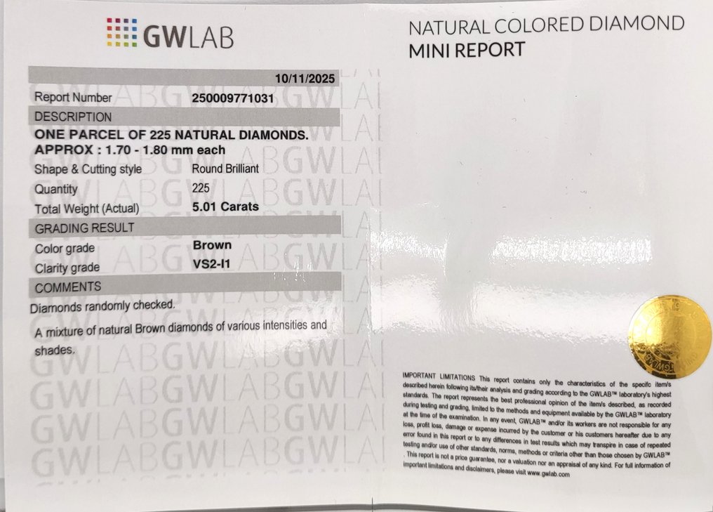 Zonder minimumprijs - 225 pcs Diamant (Natuurlijk gekleurd) - 5.01 ct - Rond Gemengde kleuren - VS2, P1 - Gemewizard Gemological Laboratory (GWLab) #3.2