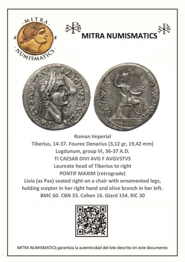 罗马帝国. 提比略 (公元 14-37). Fourrée Denarius Lugdunum, group VI, 36-37 A.D. PONTIF MAXIM (retrograde) #3.2