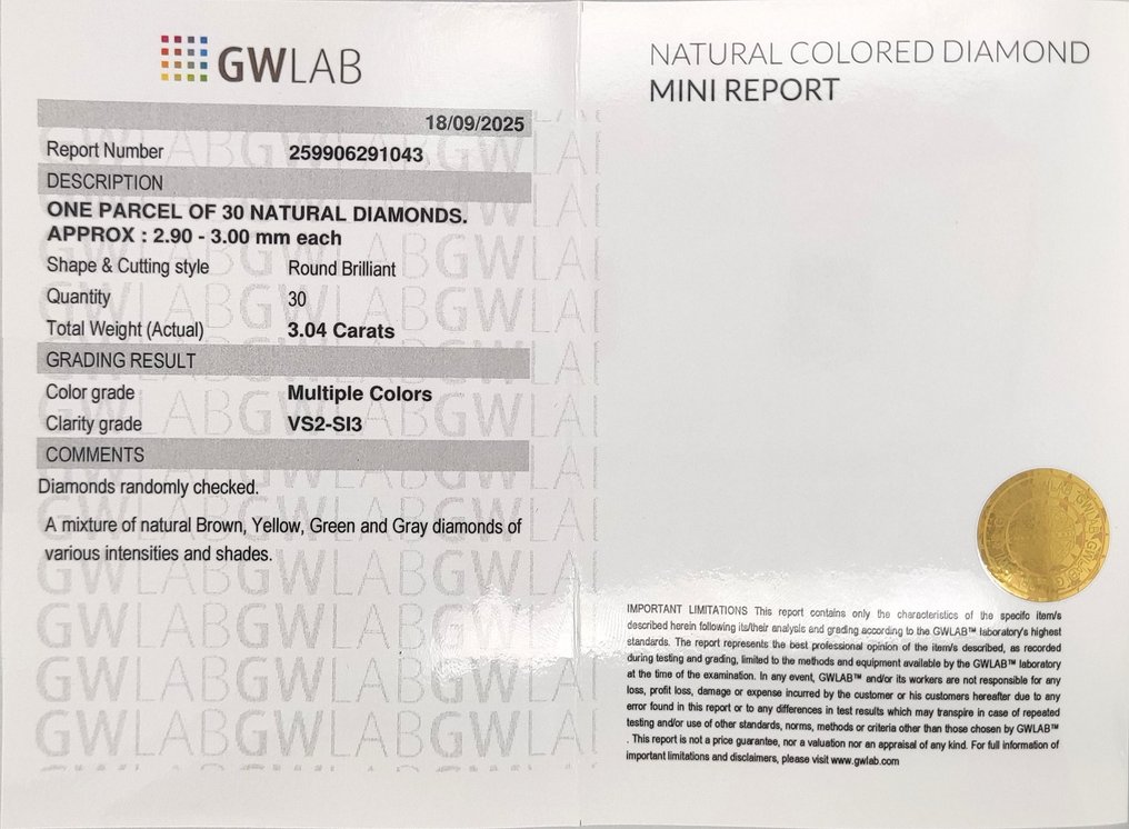 χωρίς τιμή ασφαλείας - 30 pcs Διαμάντι  (Φυσικού χρώματος)  - 3.03 ct - Στρογγυλό Ανάμεικτα χρώματα - VS2, SI3 - Gemewizard Gemological Laboratory (GWLab) #3.2