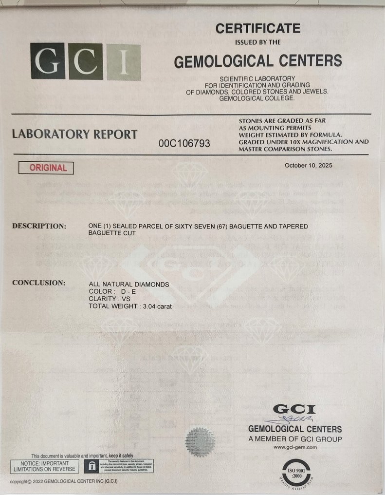 没有保留价 - 67 pcs 钻石 (天然) - 3.04 ct - 锥形 - D (无色), E - VS1 轻微内含一级 - 以色列宝石中心(G.C.I.) - Baguette 和锥形 #2.1