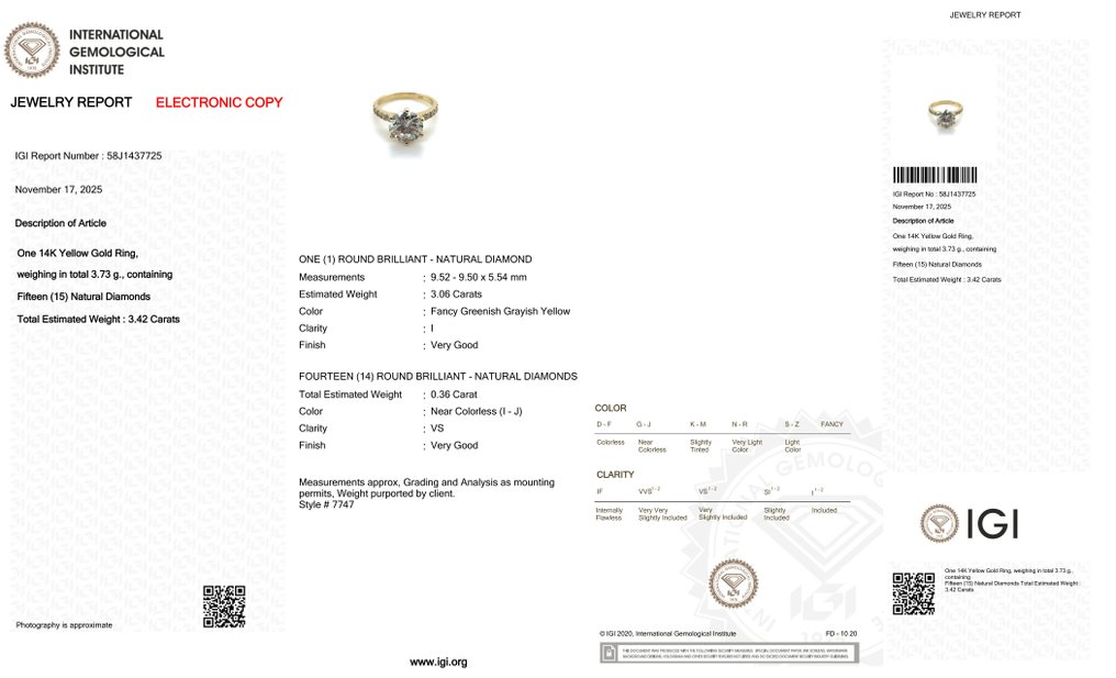 Sormus - 14 kt. Keltakulta -  3.42ct. tw. Timantti (Luonnonvärinen) - Timantti #3.2