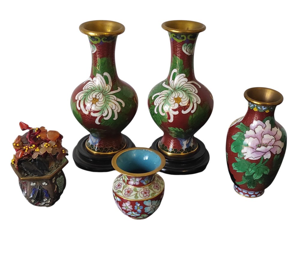 Themed collection - 5 Cloisonné Pair of Vases and Bonsai 'Total brown' #2.1