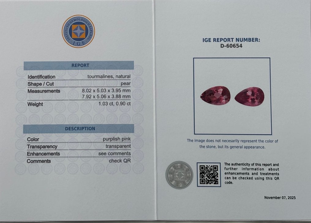 2 pcs  粉色 电气石  - 1.93 ct - 西班牙宝石学院（IGE） #2.1