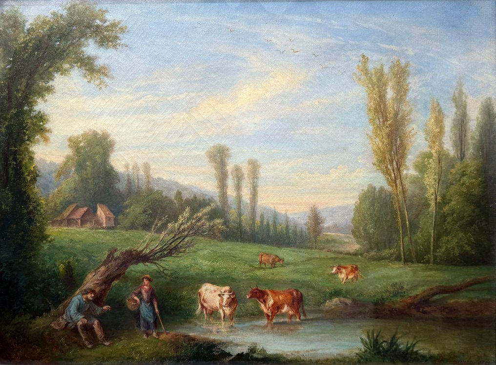 J. C. Courbe (XIX) - Scène Champêtre avec Vaches et une Belle Bergère au bord de l'Eau #1.0