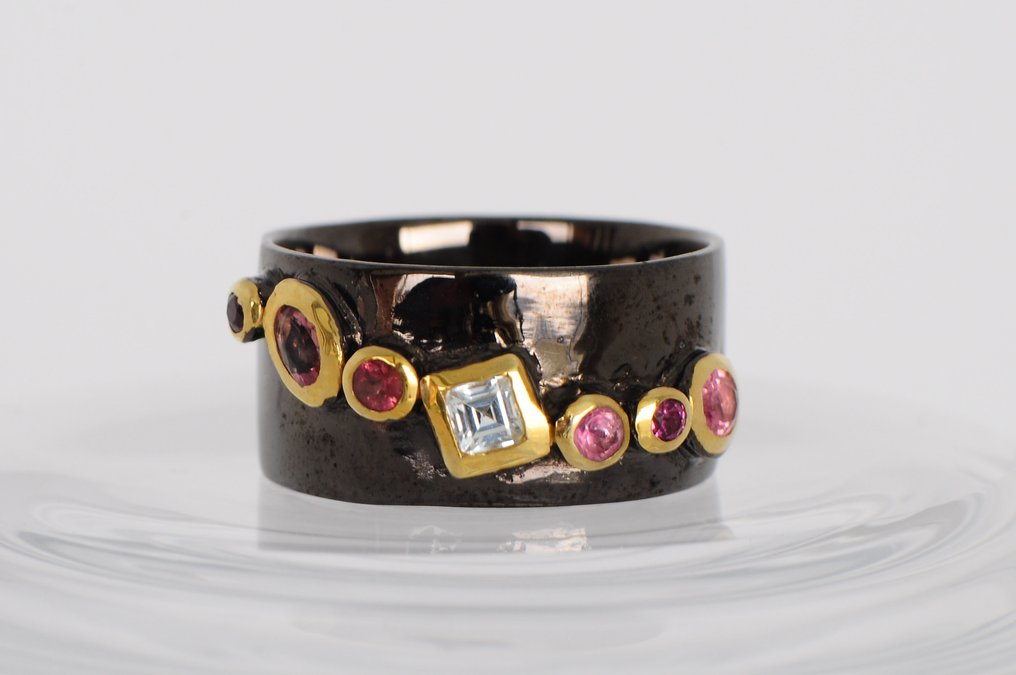 925 银黑色镀铑 - 电气石 - 拓帕石 - 玫瑰石英 - 戒指 #1.0