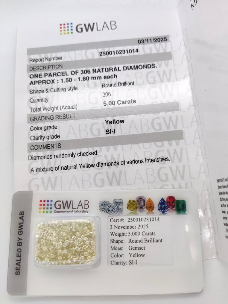 没有保留价 - 306 pcs 钻石 (天然色彩的) - 5.00 ct - 圆形 混合黄色 - SI1 微内含一级, I1 内含一级 - 以色列宝石中心(G.C.I.) #1.0