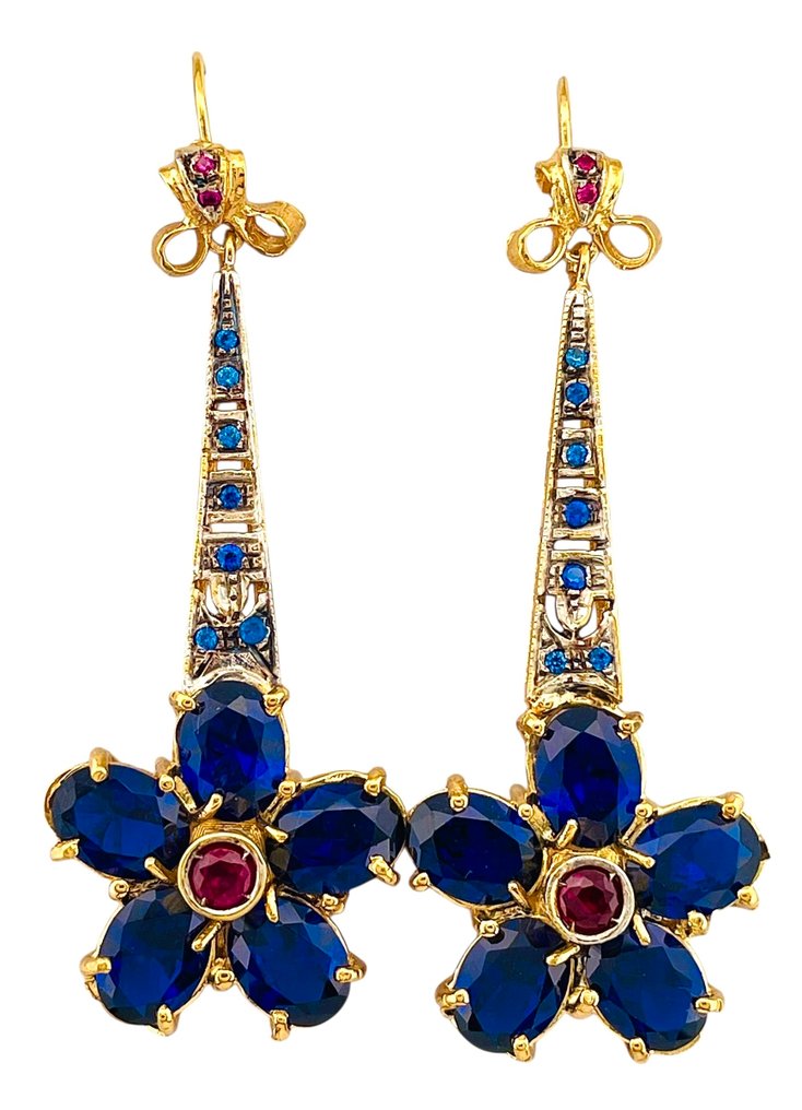 没有保留价 - 耳环 - 9 kt. 黄金, 银 蓝宝石 - 红宝石 #2.1