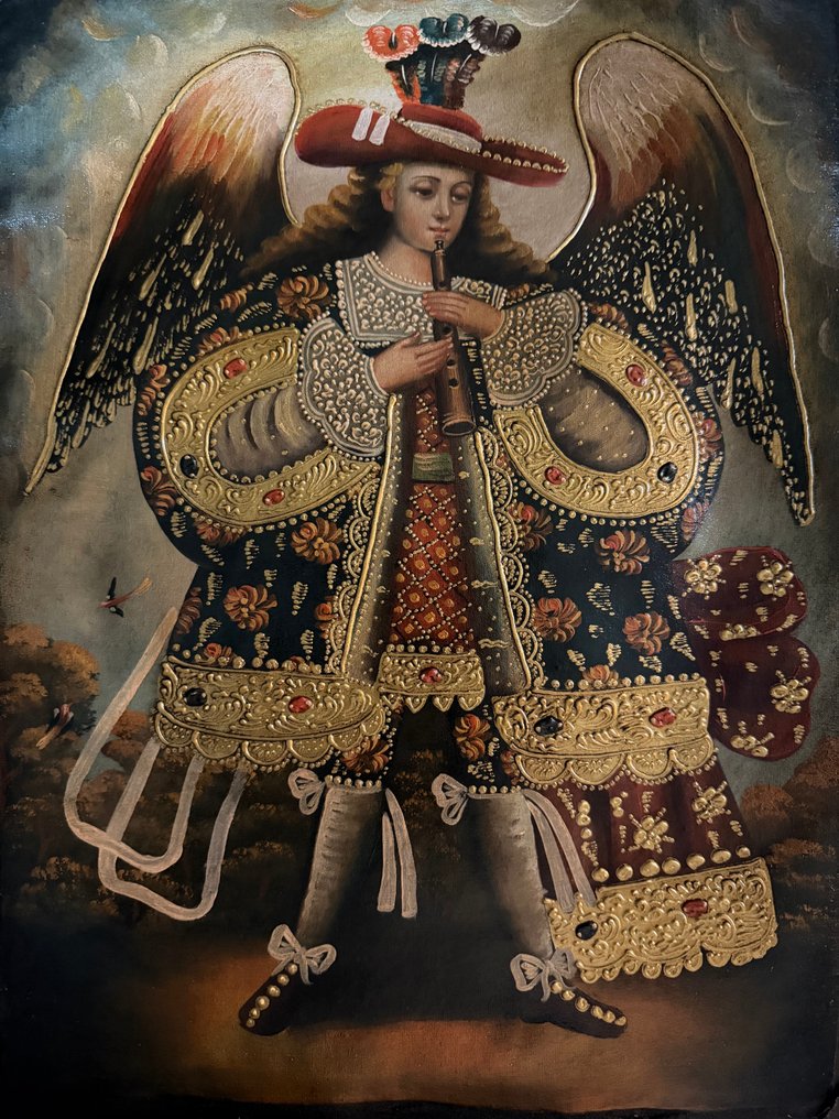 Cuzco Colonial Painting - St Gabriel Music Archangel playing the Flute - 32 x 42 cm #1.0