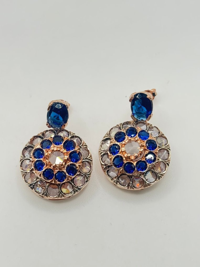 Nincs minimálár - Drop fülbevaló - 9 Kt Ezüst, Rózsa arany Zafír - Gyémánt #1.0