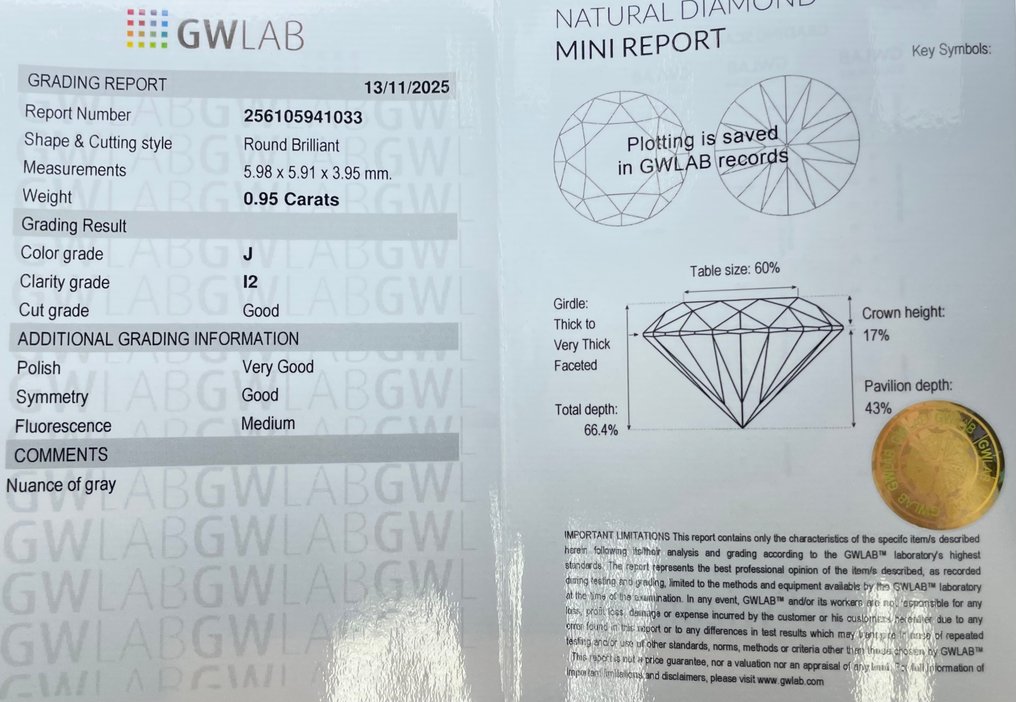 没有保留价 - 1 pcs 钻石  (天然)  - 0.95 ct - 圆形 - J - I2 内含二级 - Gemewizard宝石实验室（GWLab） #2.1