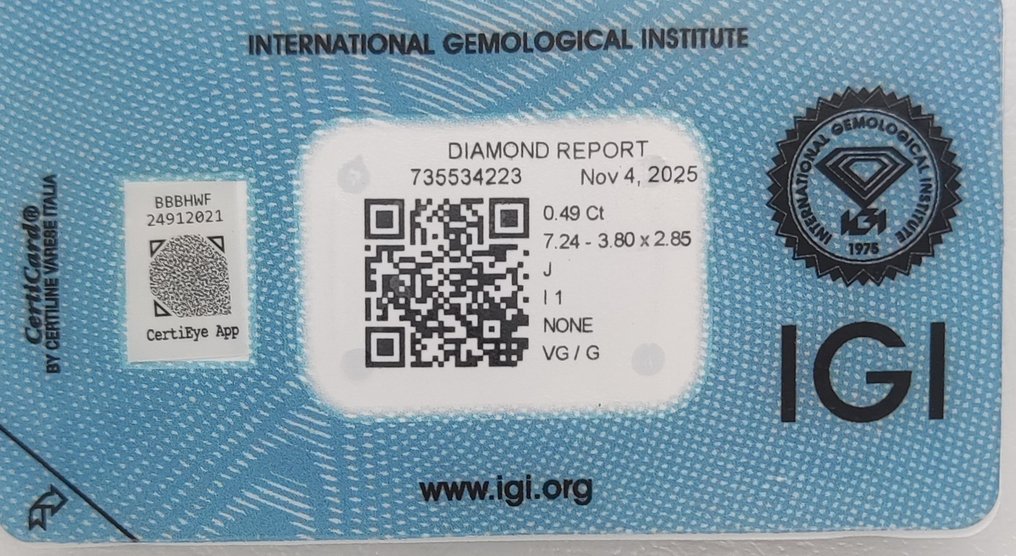 没有保留价 - 1 pcs 钻石  (天然)  - 0.49 ct - 榄尖形 - J - I1 内含一级 - 国际宝石研究院（IGI） #2.1