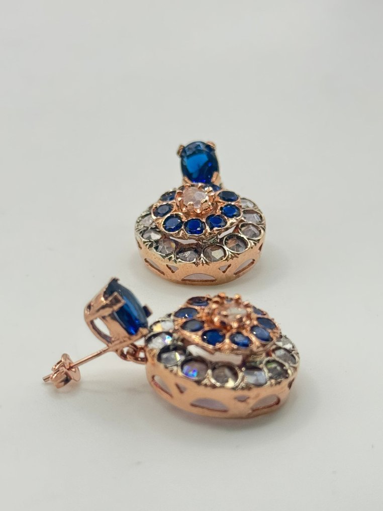 Nincs minimálár - Drop fülbevaló - 9 Kt Ezüst, Rózsa arany Zafír - Gyémánt #1.0