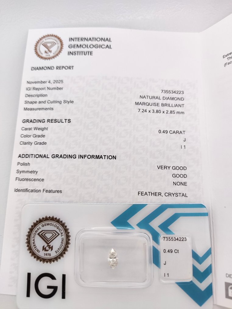 没有保留价 - 1 pcs 钻石  (天然)  - 0.49 ct - 榄尖形 - J - I1 内含一级 - 国际宝石研究院（IGI） #3.2