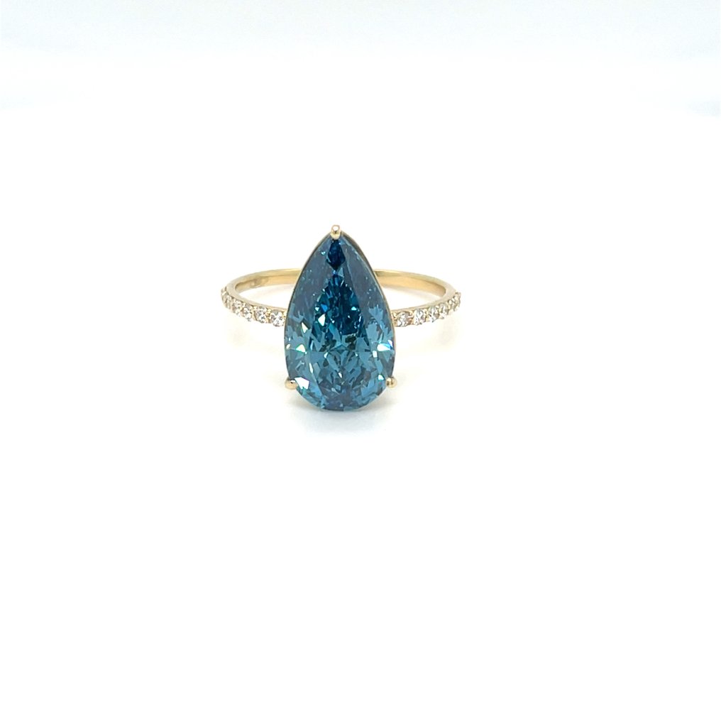 Ring - 14 kt. Yellow gold - 4.01ct. tw. Blue Diamond (Fancy coloured lab-grown diamond) - Diamond #3.2