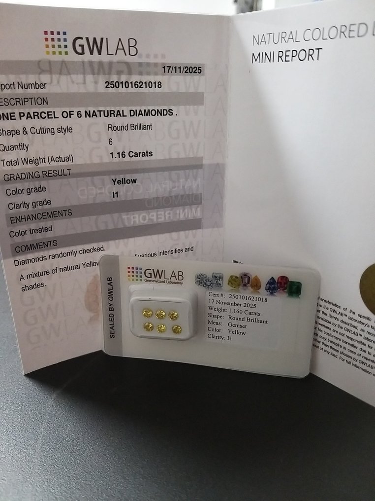 沒有保留價 - 6 pcs 鑽石 (天然) - 1.16 ct - 圓形 - I1 - Gemewizard Gemological Laboratory (GWLab) #3.2