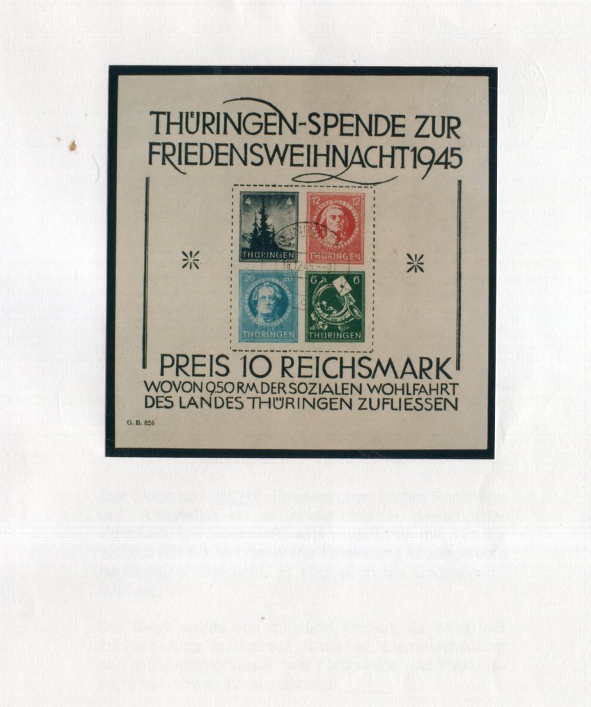 Allied Occupation - Germany (Soviet zone) 1945 - Thuringia Christmas block welfare stamped with an attestation. - Michel Block 2 x #3.2