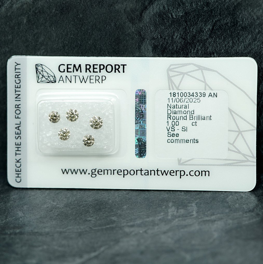 5 pcs Diamond  (Natural)  - 1.00 ct - Round - VS1, SI1 - Gem Report Antwerp (GRA) #3.2