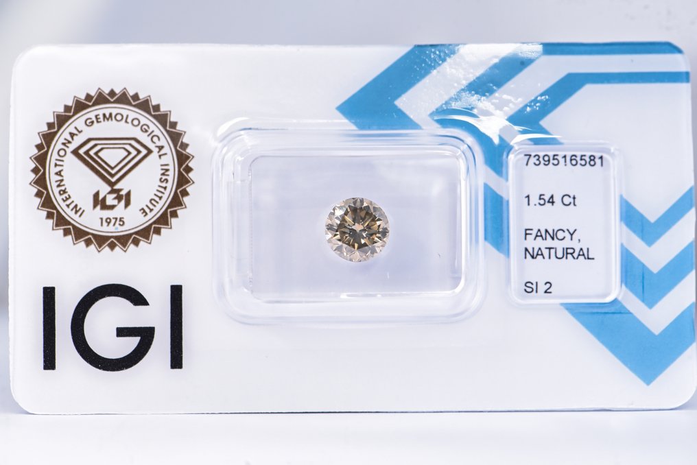 χωρίς τιμή ασφαλείας - 1 pcs Διαμάντι (Φυσικού χρώματος) - 1.54 ct - Στρογγυλό - Fancy Γκριζωπό, Καφετί Κίτρινο - SI2 - International Gemological Institute (IGI) - ΒΓ #1.0