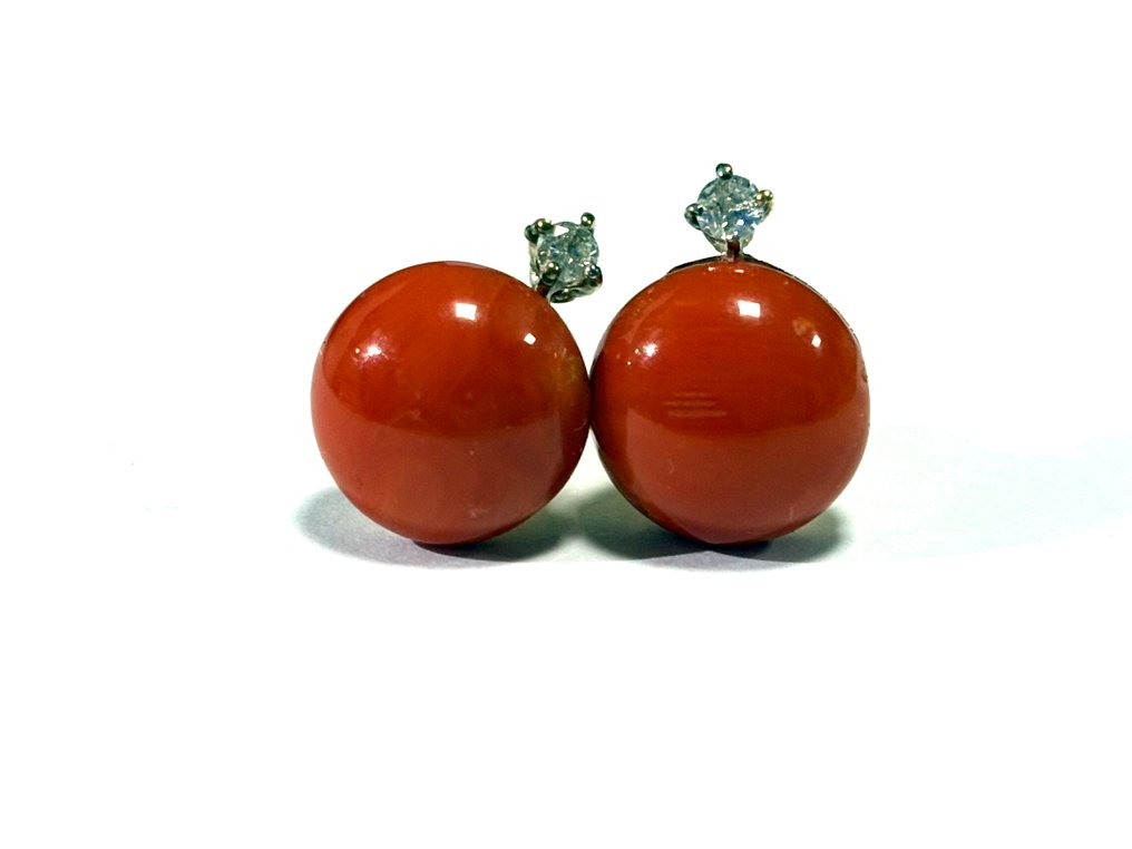 Σκουλαρίκια - 14 καράτια Κίτρινο χρυσό Κοράλλι - Διαμάντι - Κοράλλι Σαρδηνίας κόκκινο #1.0