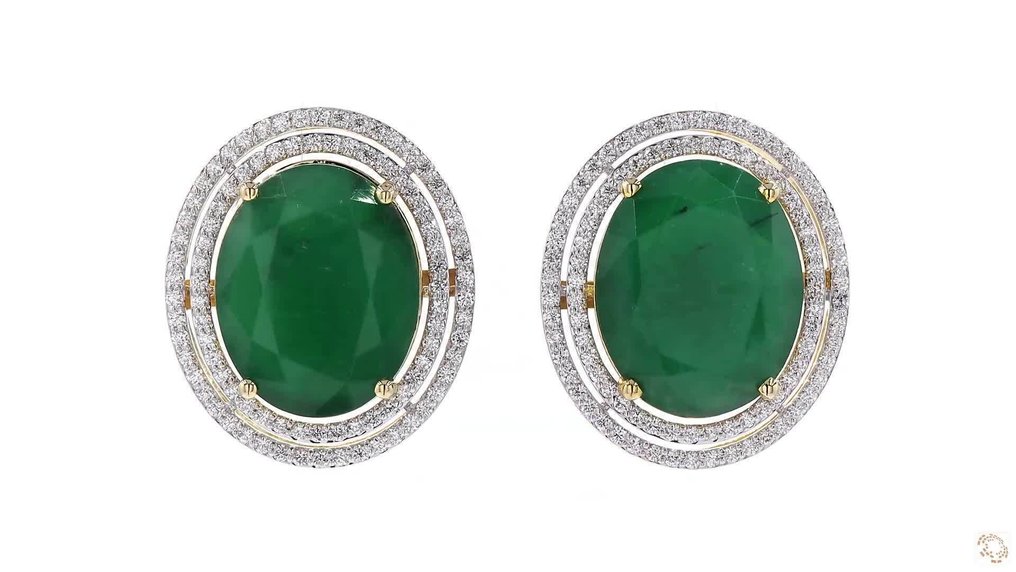 耳釘耳環 - 14 克拉 黃金, 镀铑 -  26.64ct. tw. 祖母綠 - 鉆石 #1.0