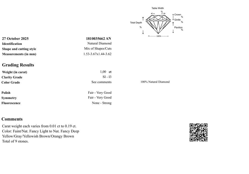 χωρίς τιμή ασφαλείας - 9 pcs Διαμάντι  (Φυσικό)  - 1.00 ct - Mixed shape - SI1, SI2, I3 - Gem Report Antwerp (GRA) #3.2