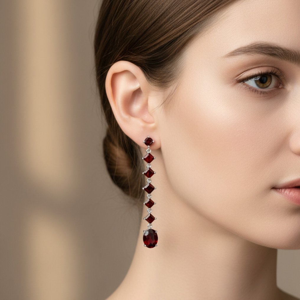 Ingen mindstepris - Øreringe Sølv - 9.70ct. tw. Granat - Certificeret #1.0