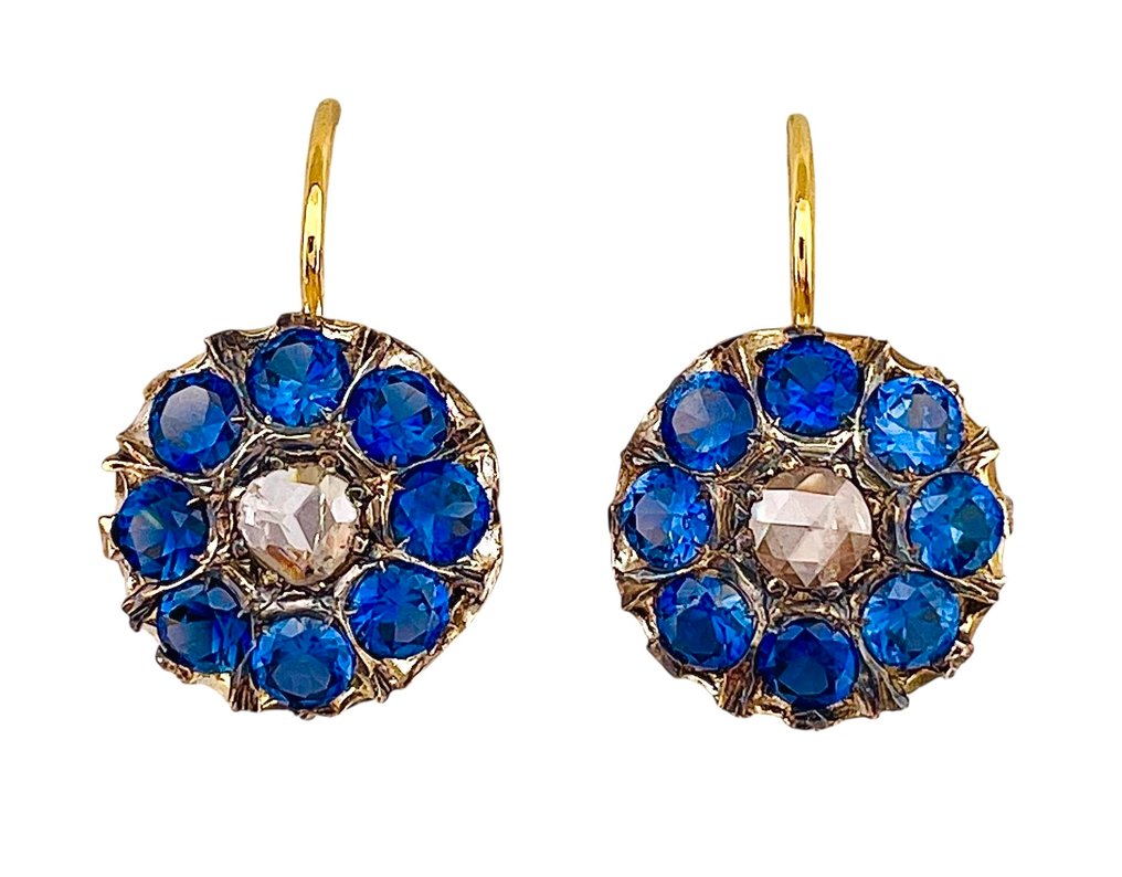 χωρίς τιμή ασφαλείας - Σκουλαρίκια - 9 kt. Κίτρινο χρυσό, Ασημί Ζαφείρι - Διαμάντι #1.0