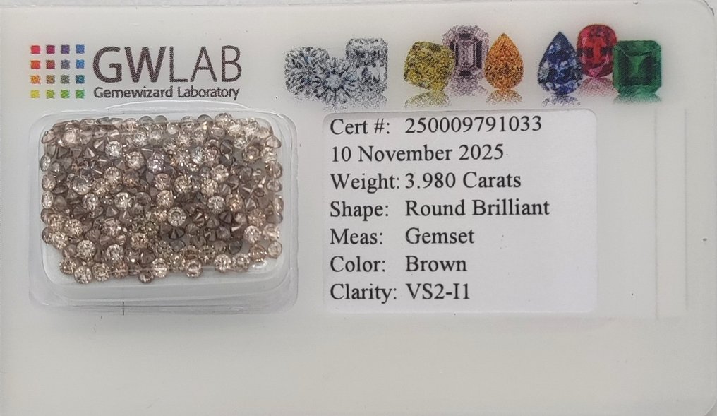 没有保留价 - 181 pcs 钻石 (天然色彩的) - 3.98 ct - 圆形 混合色彩 - VS2 轻微内含二级, I1 内含一级 - Gemewizard宝石实验室(GWLab) #2.1
